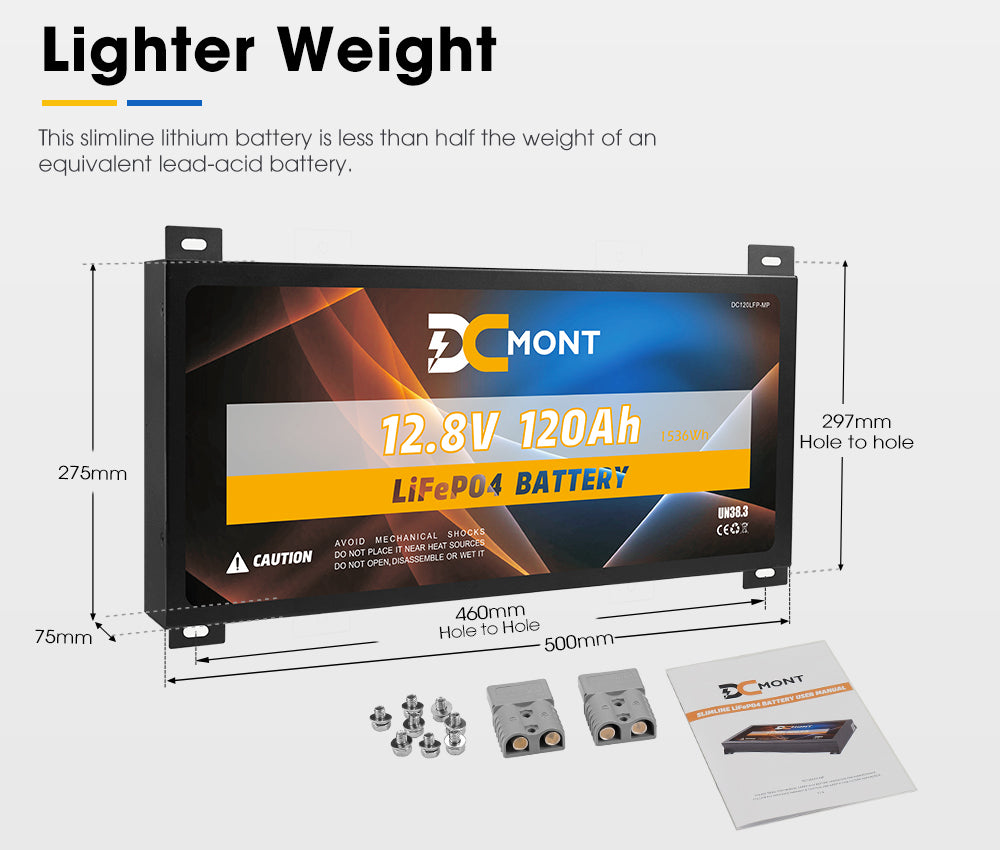 DC MONT 12V 120Ah Slimline Lithium Battery LiFePO4 Phosphate Deep Cycle Charger