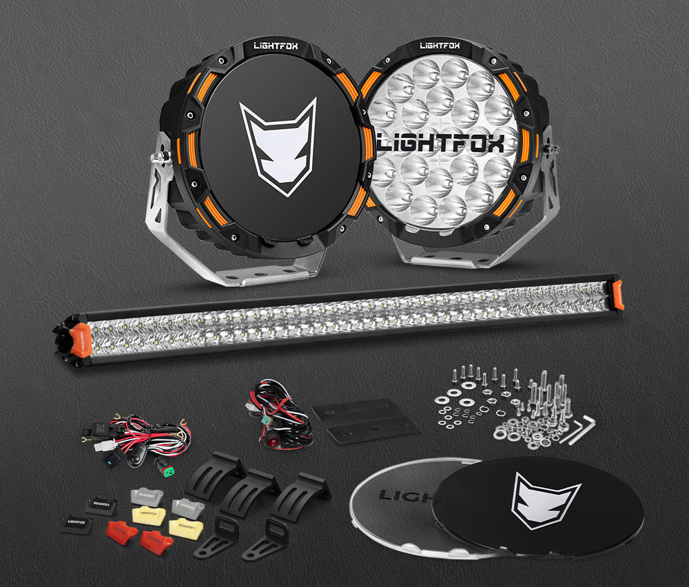 Lightfox OSRAM 9 inch LED Driving Lights + 40 inch Dual Row LED Light Bar + Wiring Kit