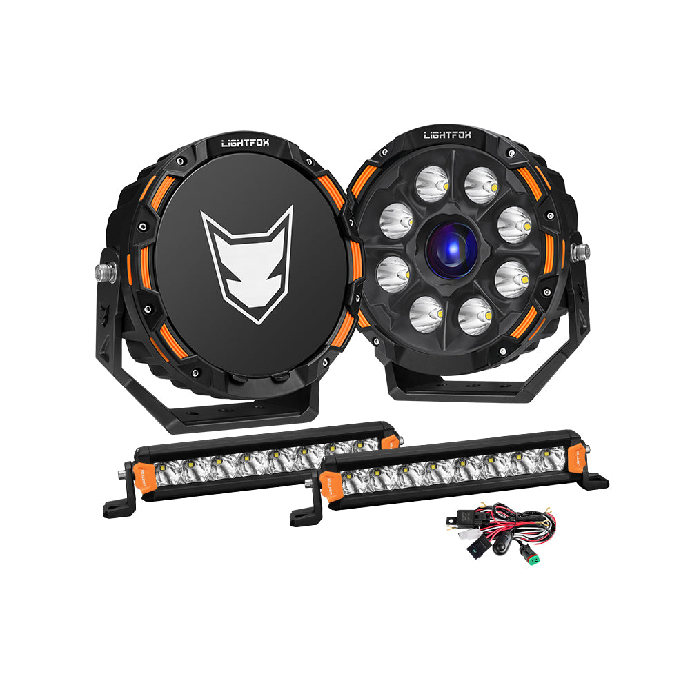 Lightfox 9 inch Osram Laser LED Driving Lights + 8inch LED Light Pods + Wiring Kit