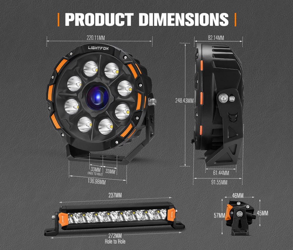 Lightfox 9 inch Osram Laser LED Driving Lights + 8inch LED Light Pods + Wiring Kit