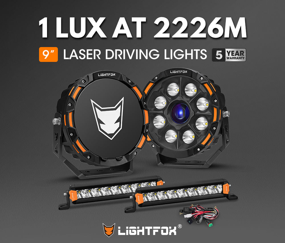 Lightfox 9 inch Osram Laser LED Driving Lights + 8inch LED Light Pods + Wiring Kit