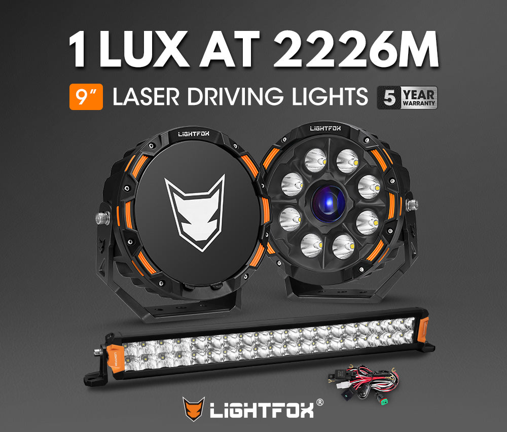 Lightfox 9 inch Osram Laser LED Driving Lights + 20 inch Dual Row LED Light Bar + Wiring Kit