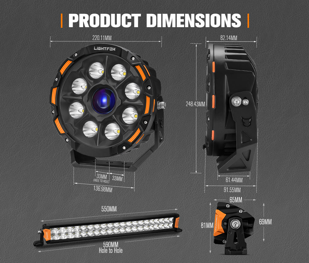 Lightfox 9 inch Osram Laser LED Driving Lights + 20 inch Dual Row LED Light Bar + Wiring Kit