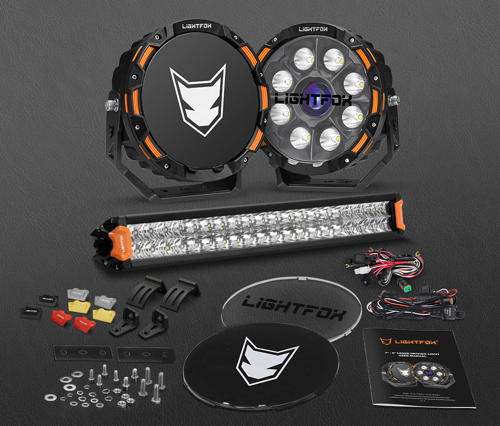 Lightfox 9 inch Osram Laser LED Driving Lights + 20 inch Dual Row LED Light Bar + Wiring Kit