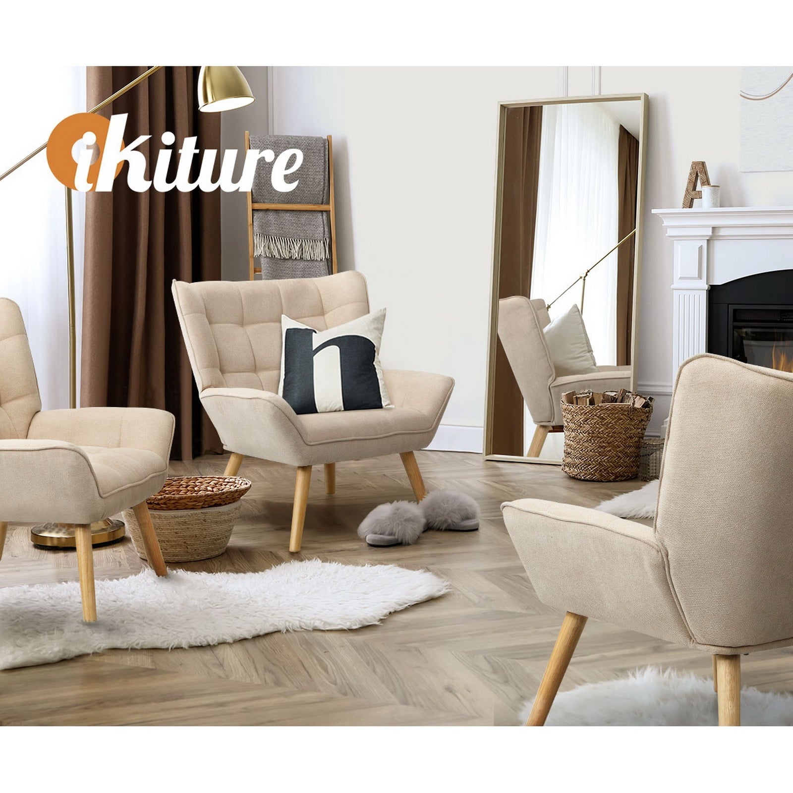 Oikiture Armchair Accent Chairs Sofa Lounge Fabric Upholstered Tub Chair Beige