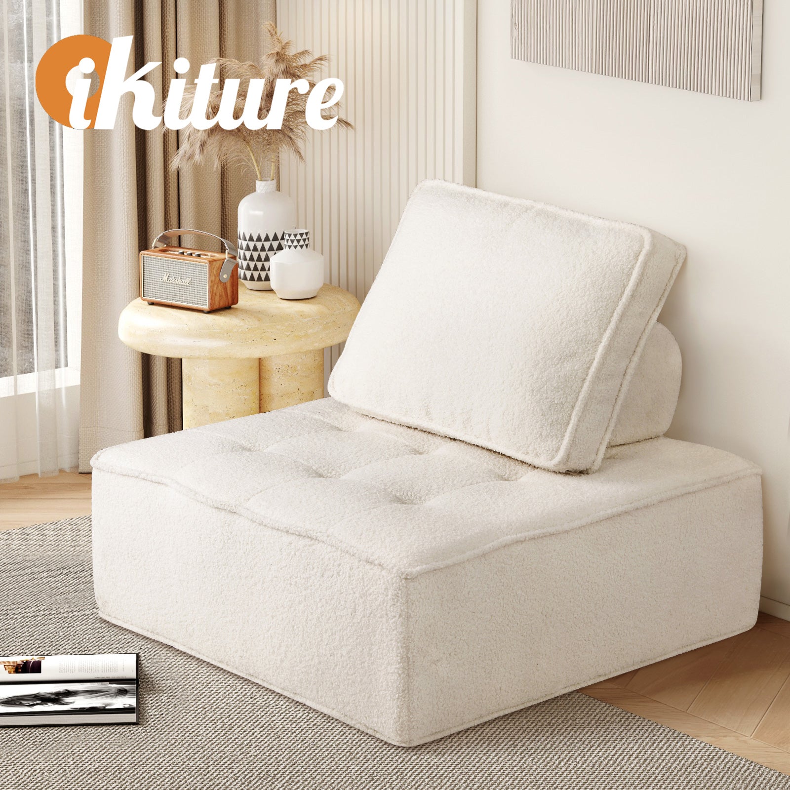 Oikiture Modular Sofa Lounge Chair Armless Adjustable Back Cushion Sherpa White