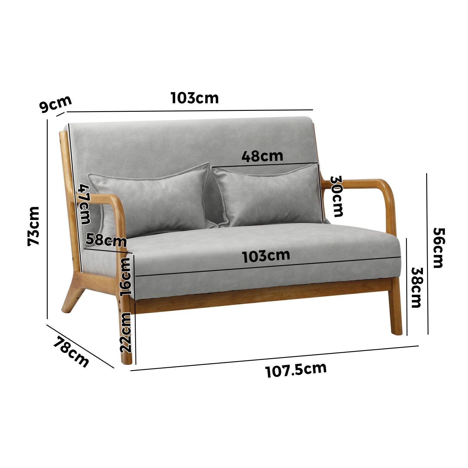 Oikiture Armchair Lounge Chair 2 Seater Accent Couch Sofa Fabric Grey Pillows