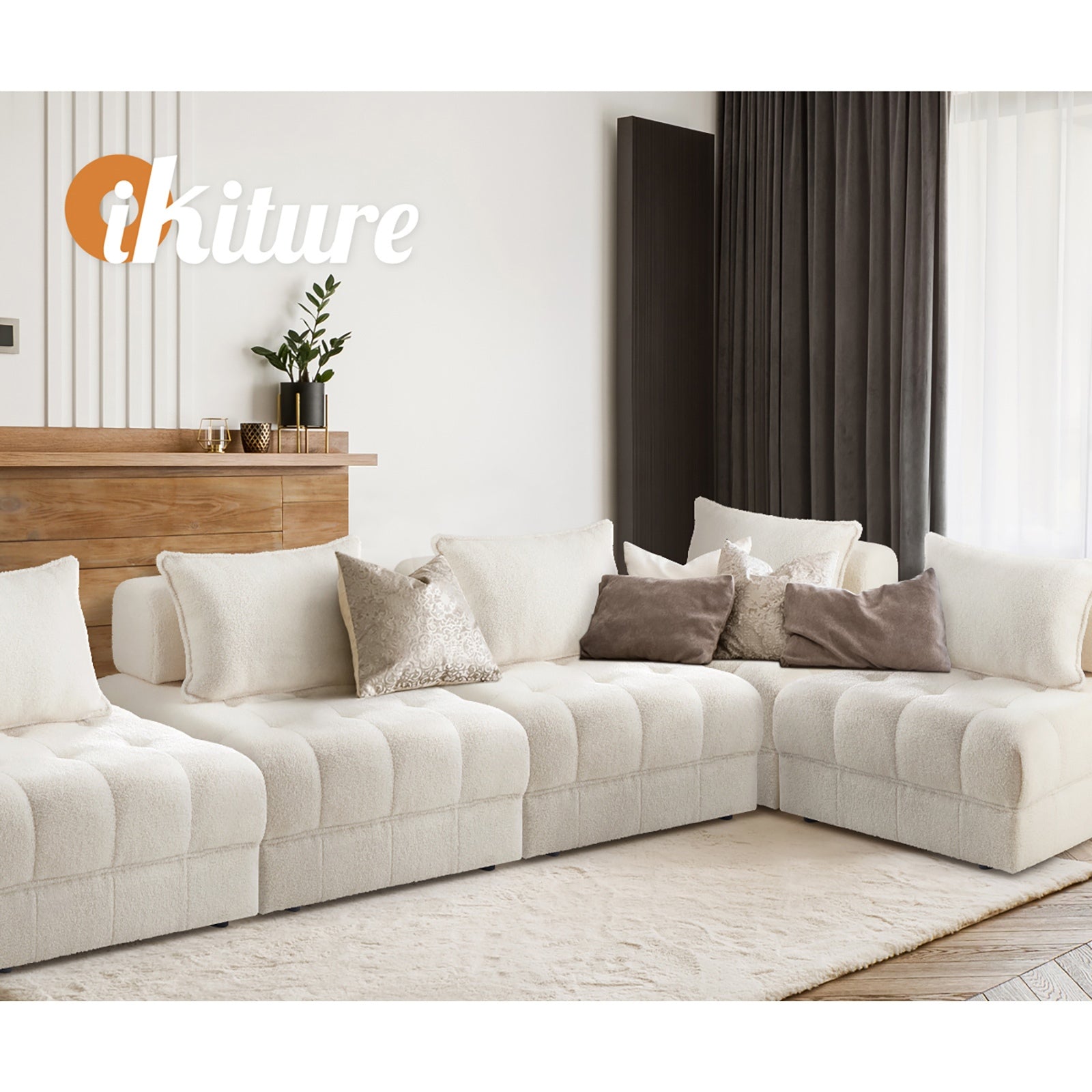 Oikiture 3 Seater Boucle Modular Sofa Lounge Chair Armless TOFU Back White