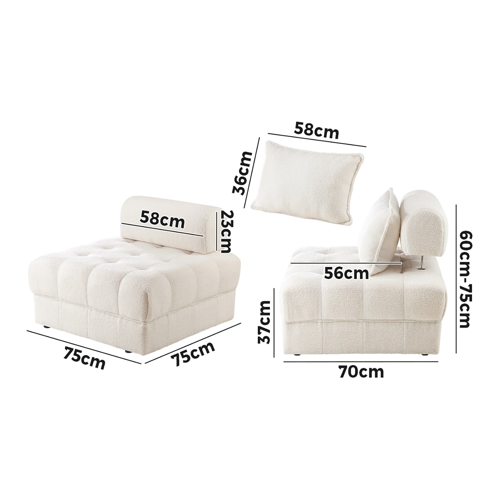 Oikiture 3 Seater Boucle Modular Sofa Lounge Chair Armless TOFU Back White