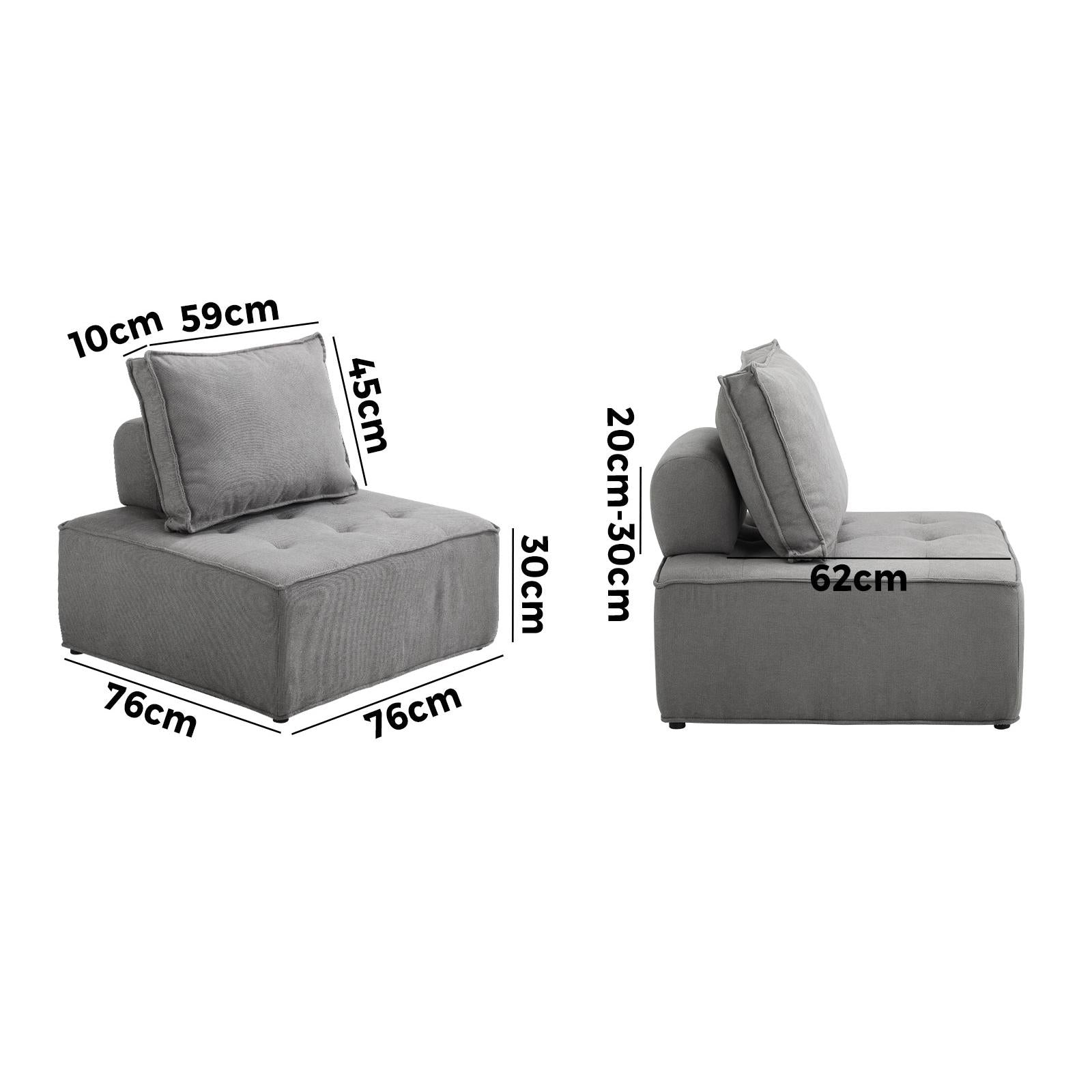 Oikiture 2PCS Modular Sofa Lounge Chair Armless Adjustable Back Linen Grey