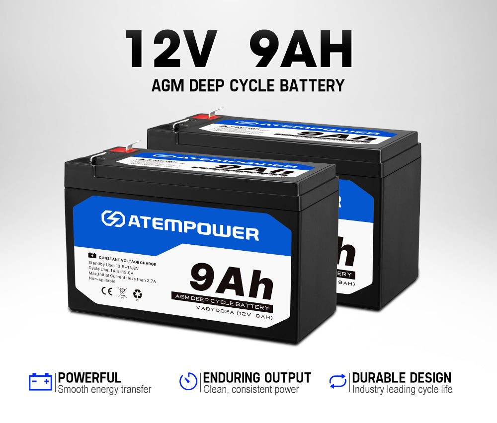 Atem Power 2X 9AH AGM Battery AMP Lead Acid SLA Deep Cycle Battery Dual Solar Power