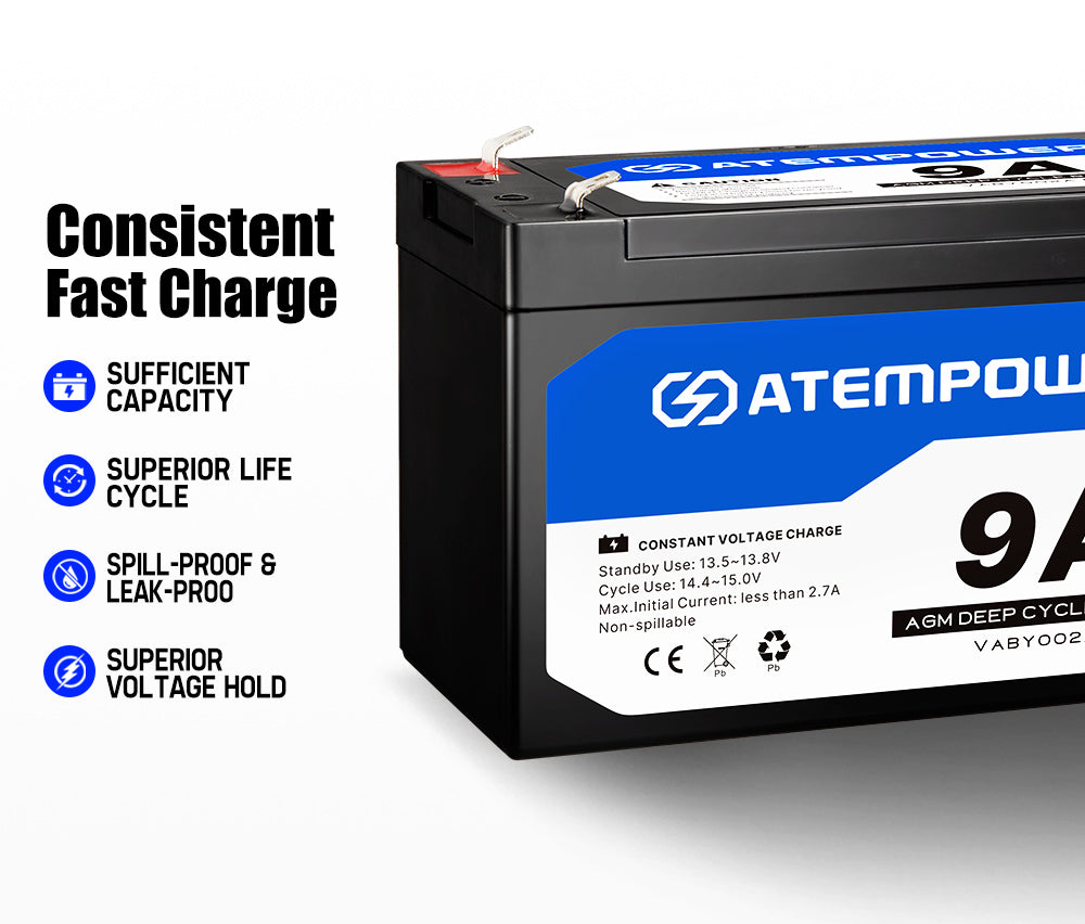 Atem Power 2X 9AH AGM Battery AMP Lead Acid SLA Deep Cycle Battery Dual Solar Power