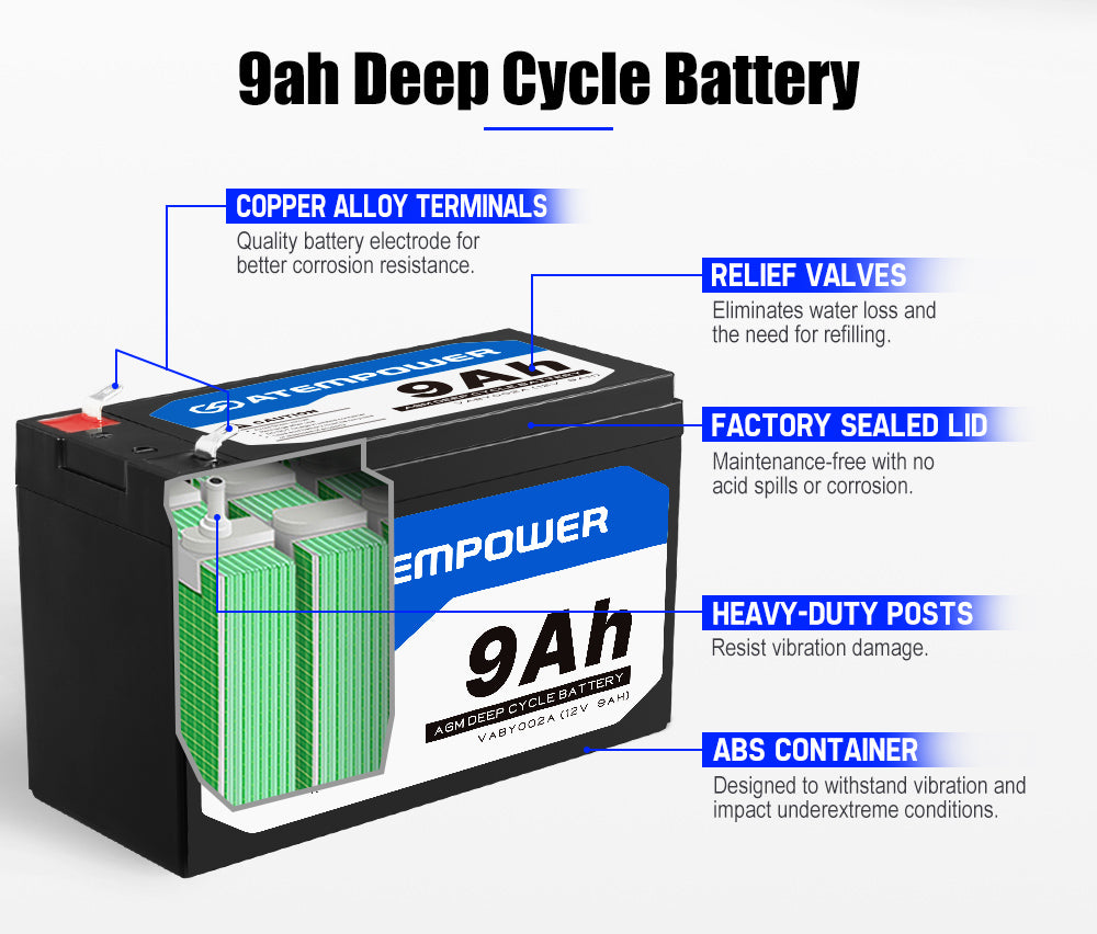 Atem Power 2X 9AH AGM Battery AMP Lead Acid SLA Deep Cycle Battery Dual Solar Power