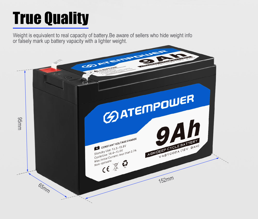 Atem Power 2X 9AH AGM Battery AMP Lead Acid SLA Deep Cycle Battery Dual Solar Power