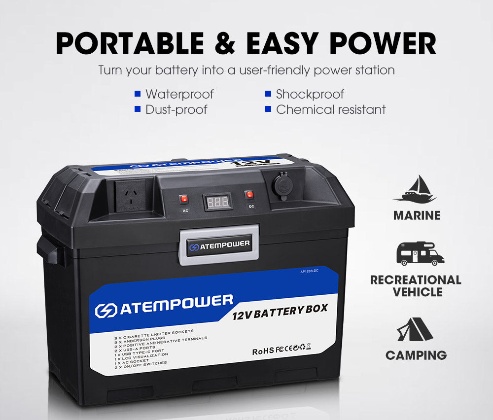 Atem Power Battery Box with 500W Inverter built-in VSR Isolator  + 100Ah 12V Lithium Battery