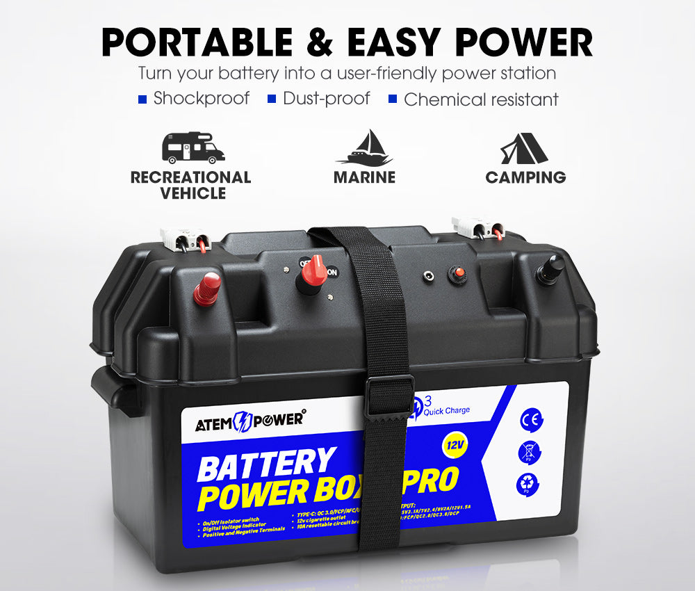 Atem Power 12V Battery Box w/ Monitor Portable Deep Cycle Batteries Type C Quick Charge USB