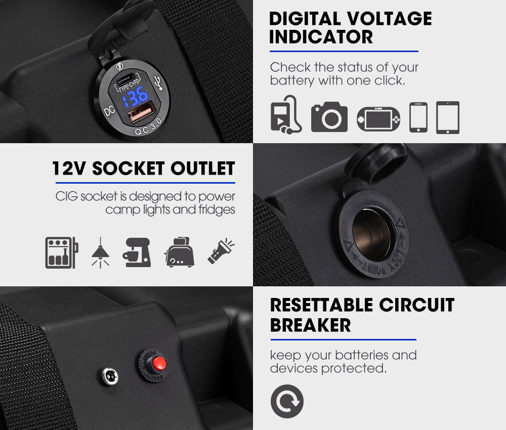 Atem Power 12V Battery Box w/ Monitor Portable Deep Cycle Batteries Type C Quick Charge USB