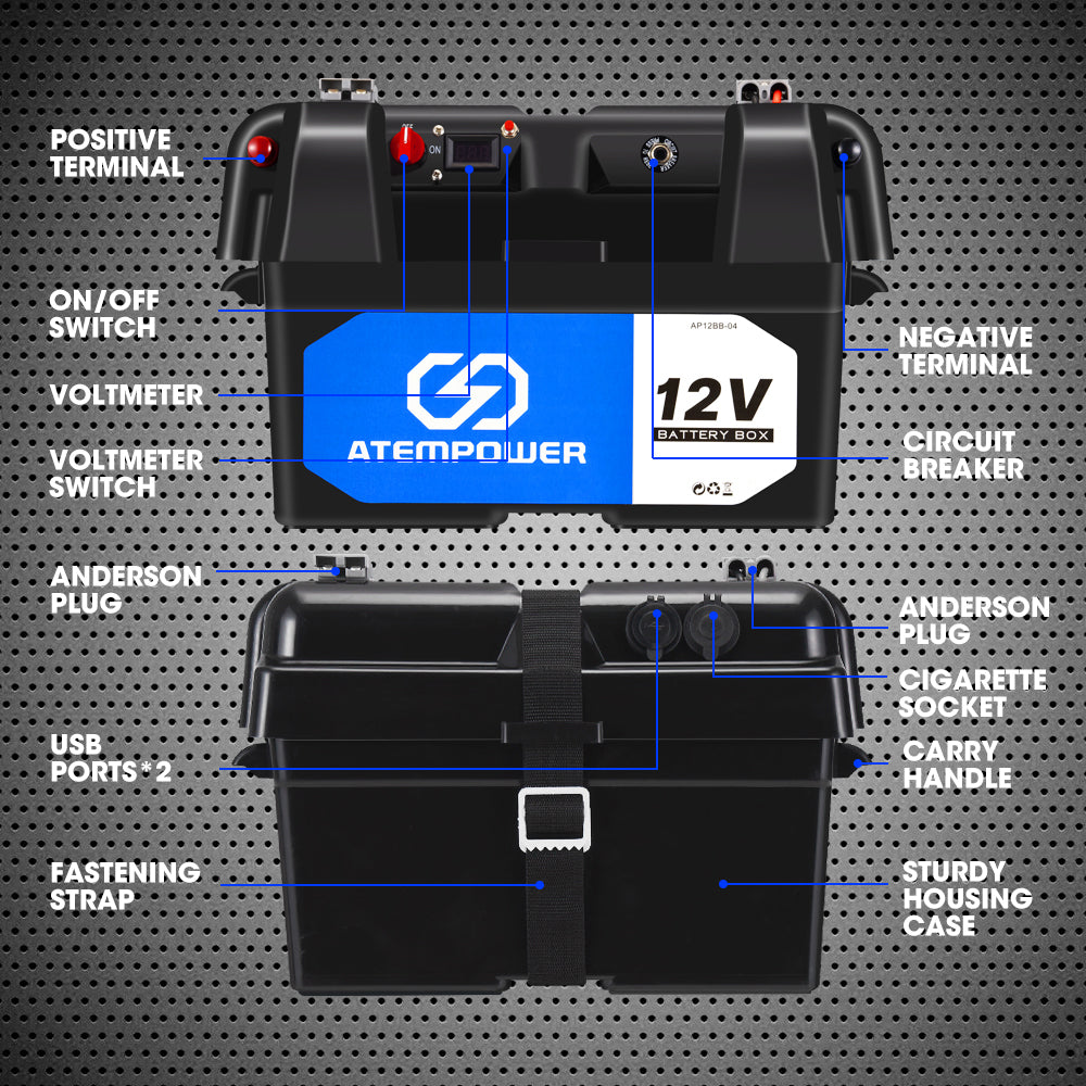 Atem Power Battery Box 12V Portable Deep Cycle AGM Universal Large Marine