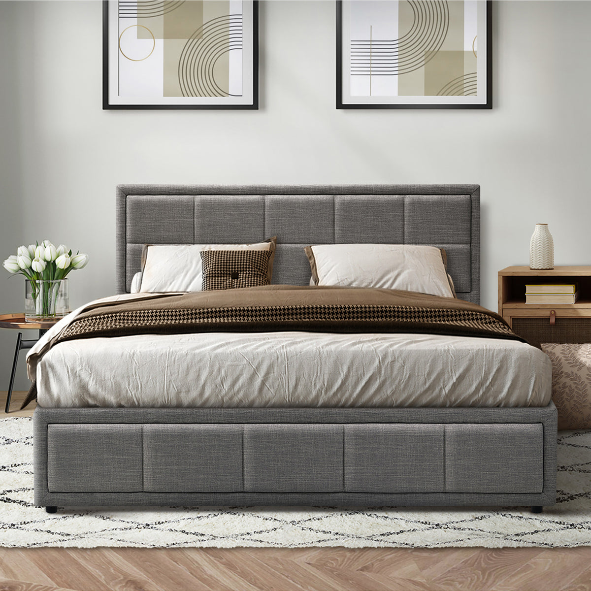 Oikiture Bed Frame Queen Size Gas Lift Storage Base Fabric Grey