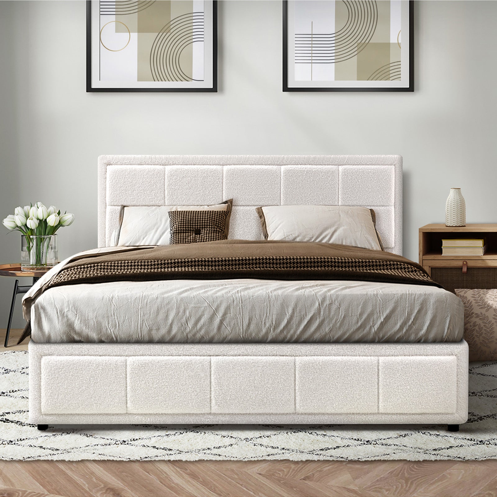 Oikiture Bed Frame Queen Size Gas Lift Storage Bed Platform Boucle White