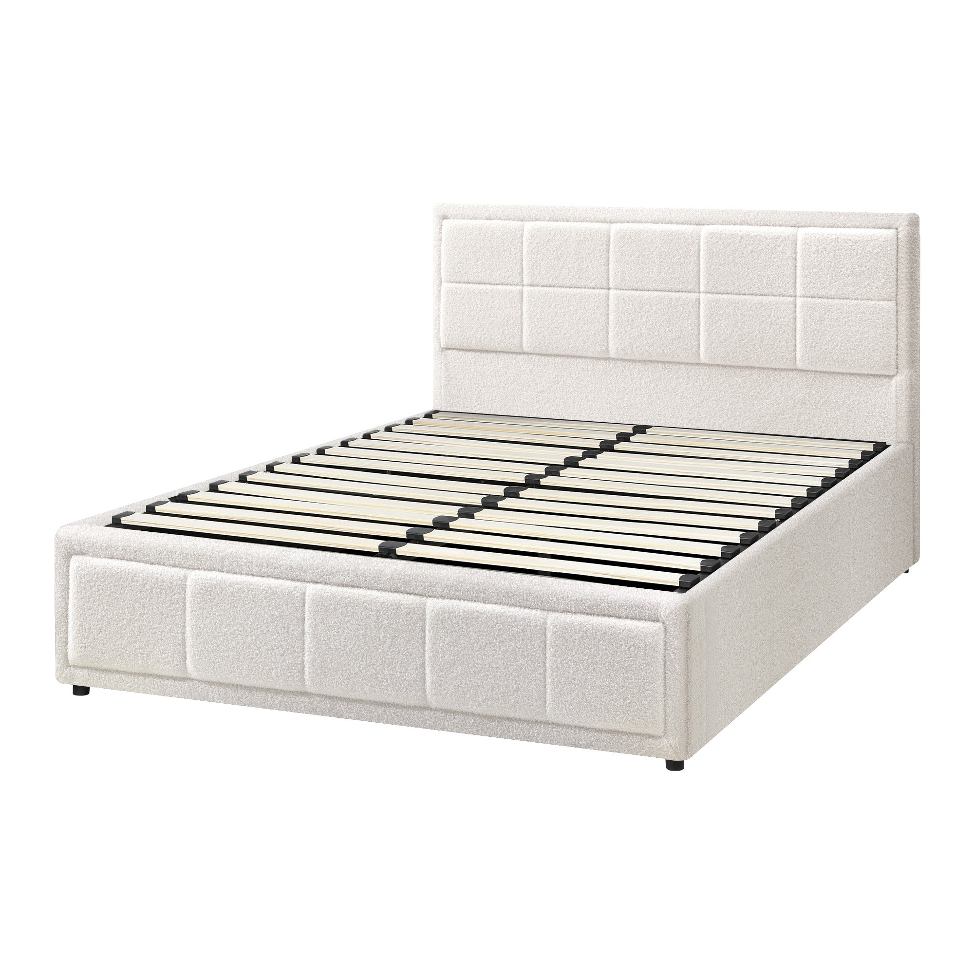 Oikiture Bed Frame Queen Size Gas Lift Storage Bed Platform Boucle White