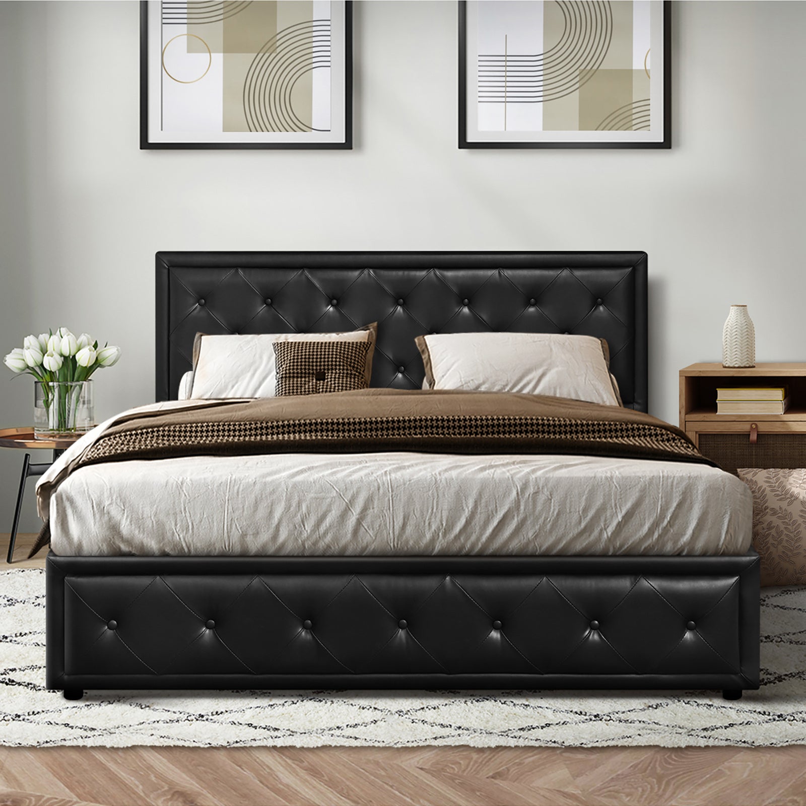 Oikiture Bed Frame King Size Gas Lift Base With Storage Black Leather