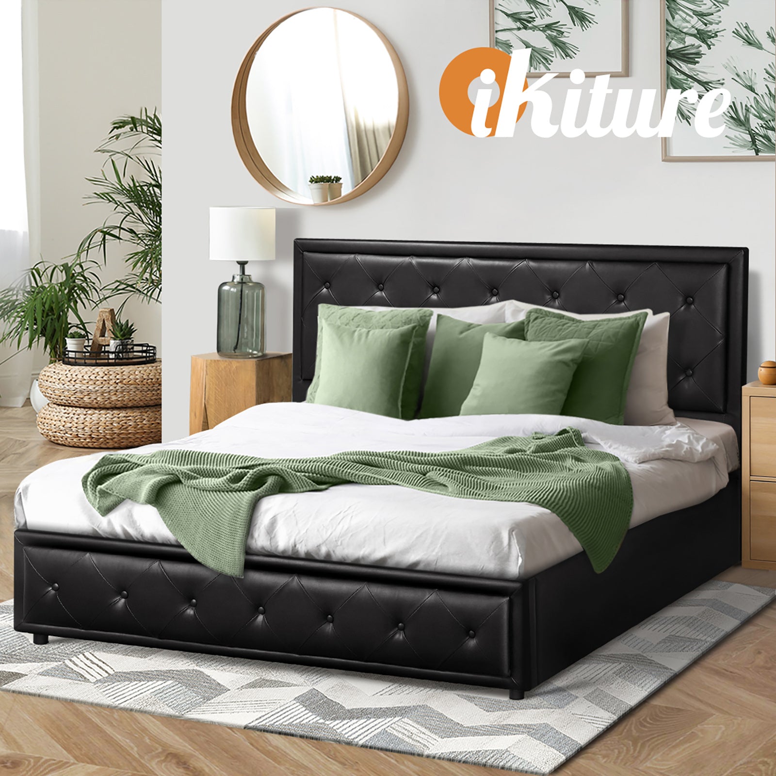 Oikiture Bed Frame King Size Gas Lift Base With Storage Black Leather