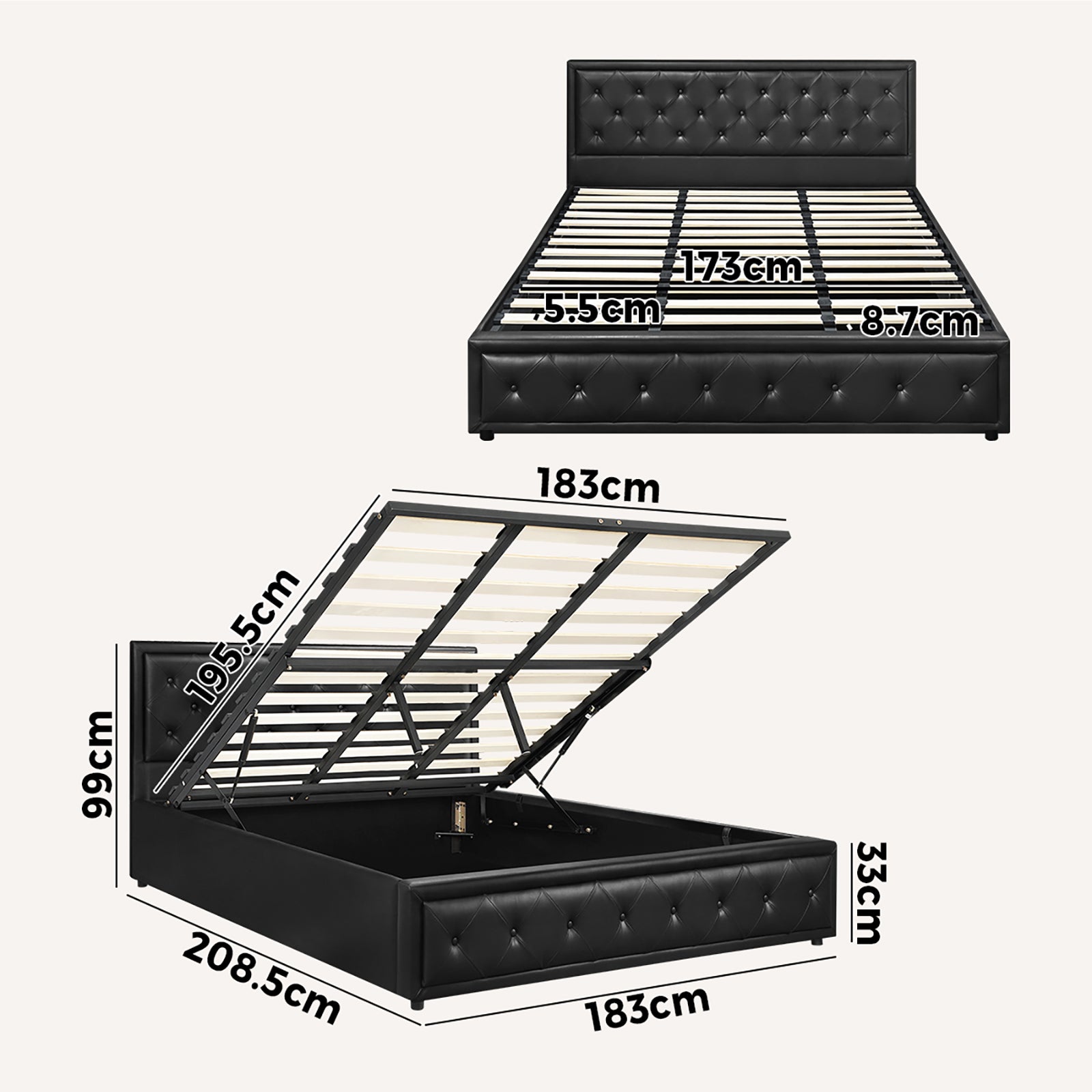 Oikiture Bed Frame King Size Gas Lift Base With Storage Black Leather