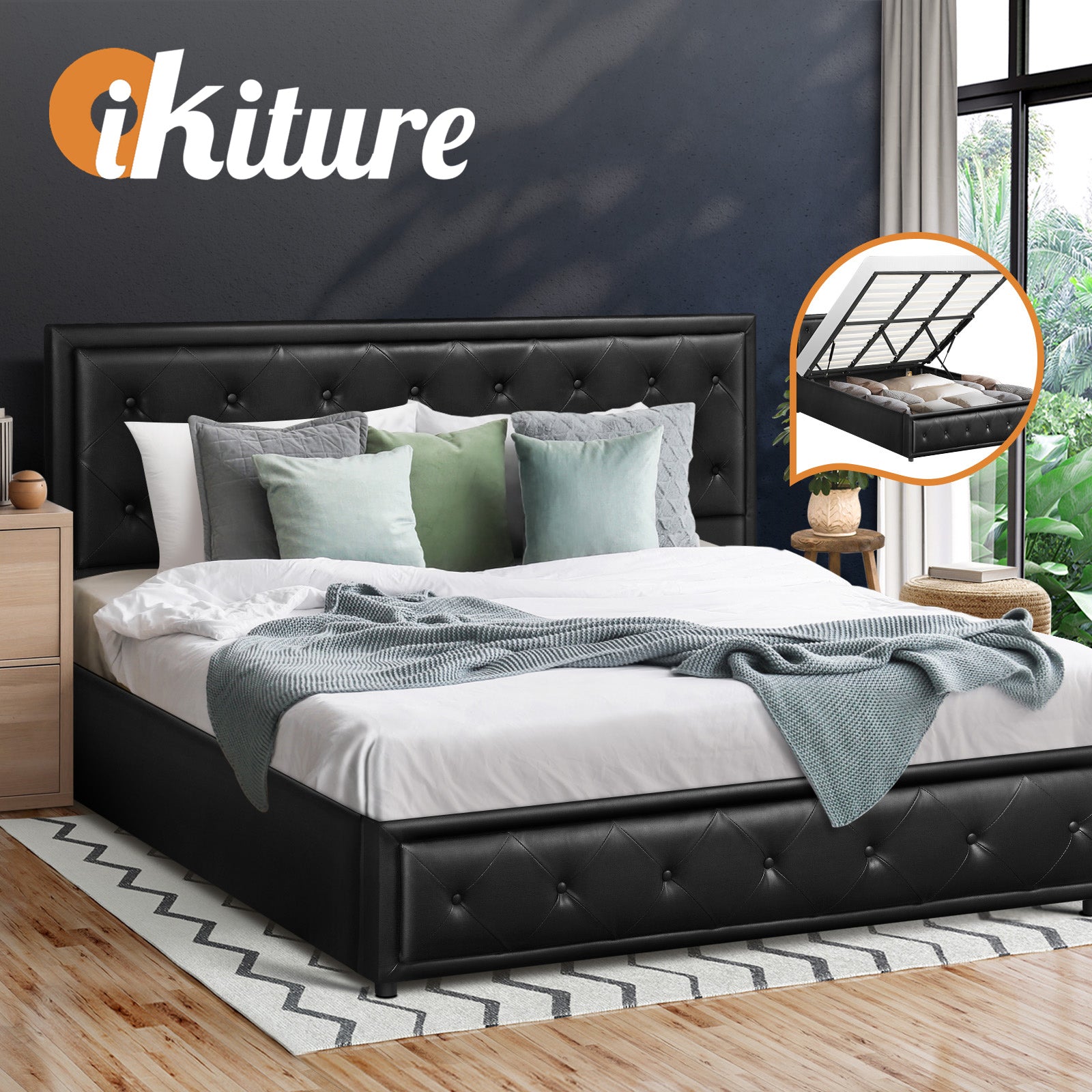 Oikiture Bed Frame King Size Gas Lift Base With Storage Black Leather