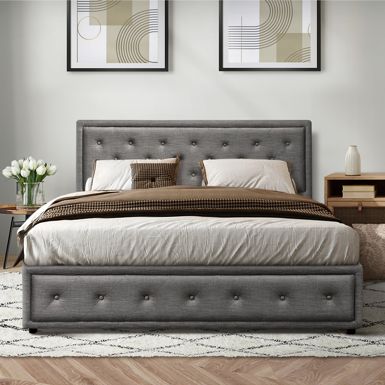 Oikiture Bed Frame King Size Gas Lift Base With Storage Grey Fabric