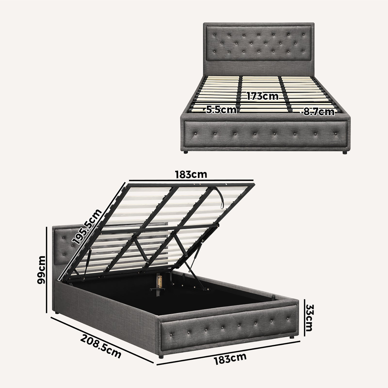 Oikiture Bed Frame King Size Gas Lift Base With Storage Grey Fabric