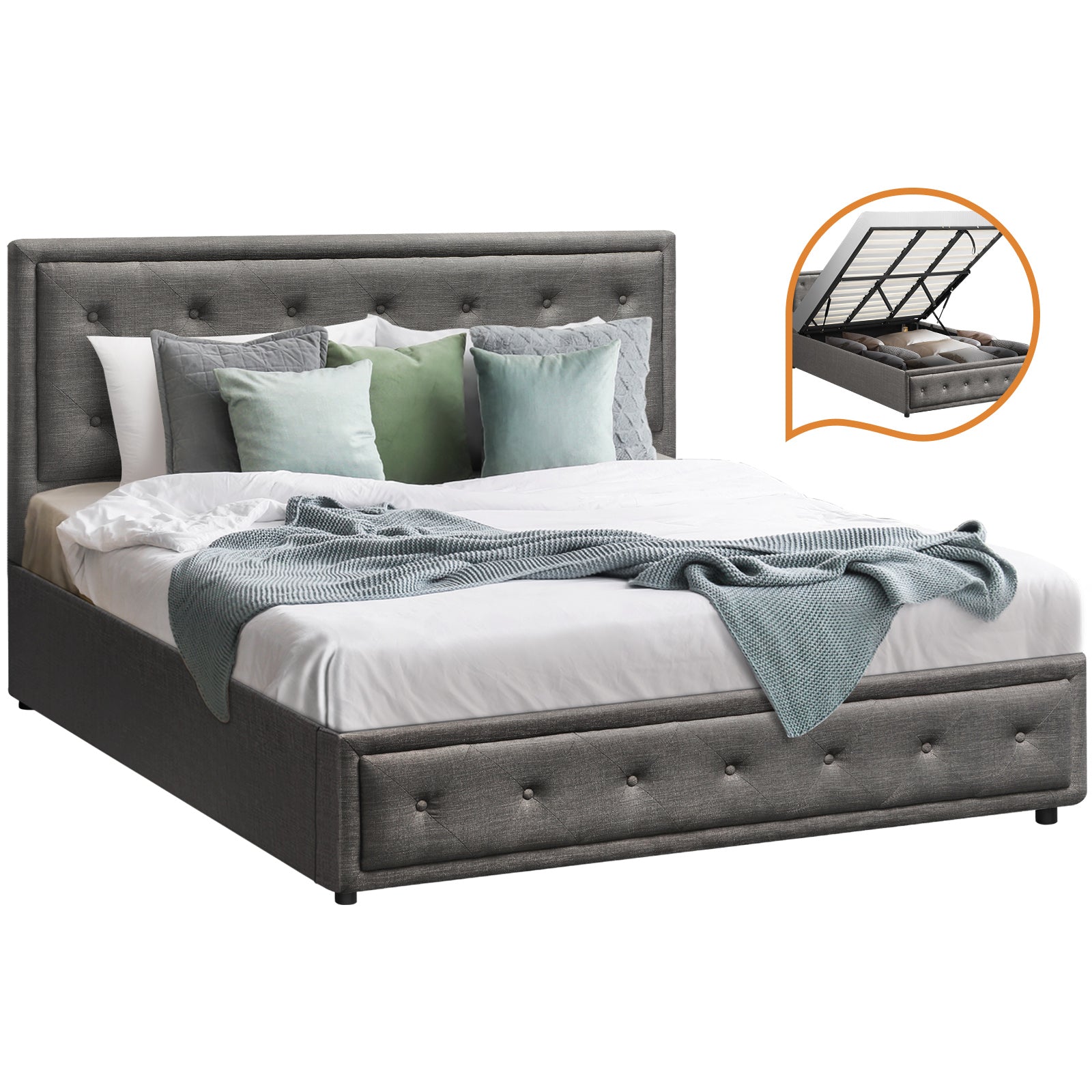 Oikiture Bed Frame King Size Gas Lift Base With Storage Grey Fabric