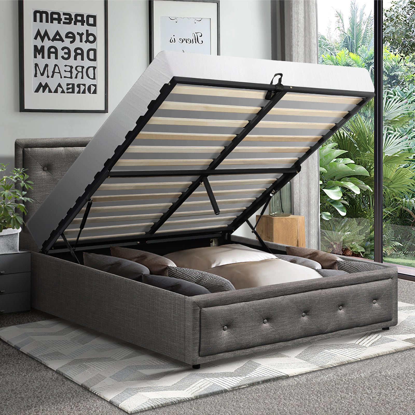 Oikiture Bed Frame King Single Size Gas Lift Base With Storage Grey Fabric