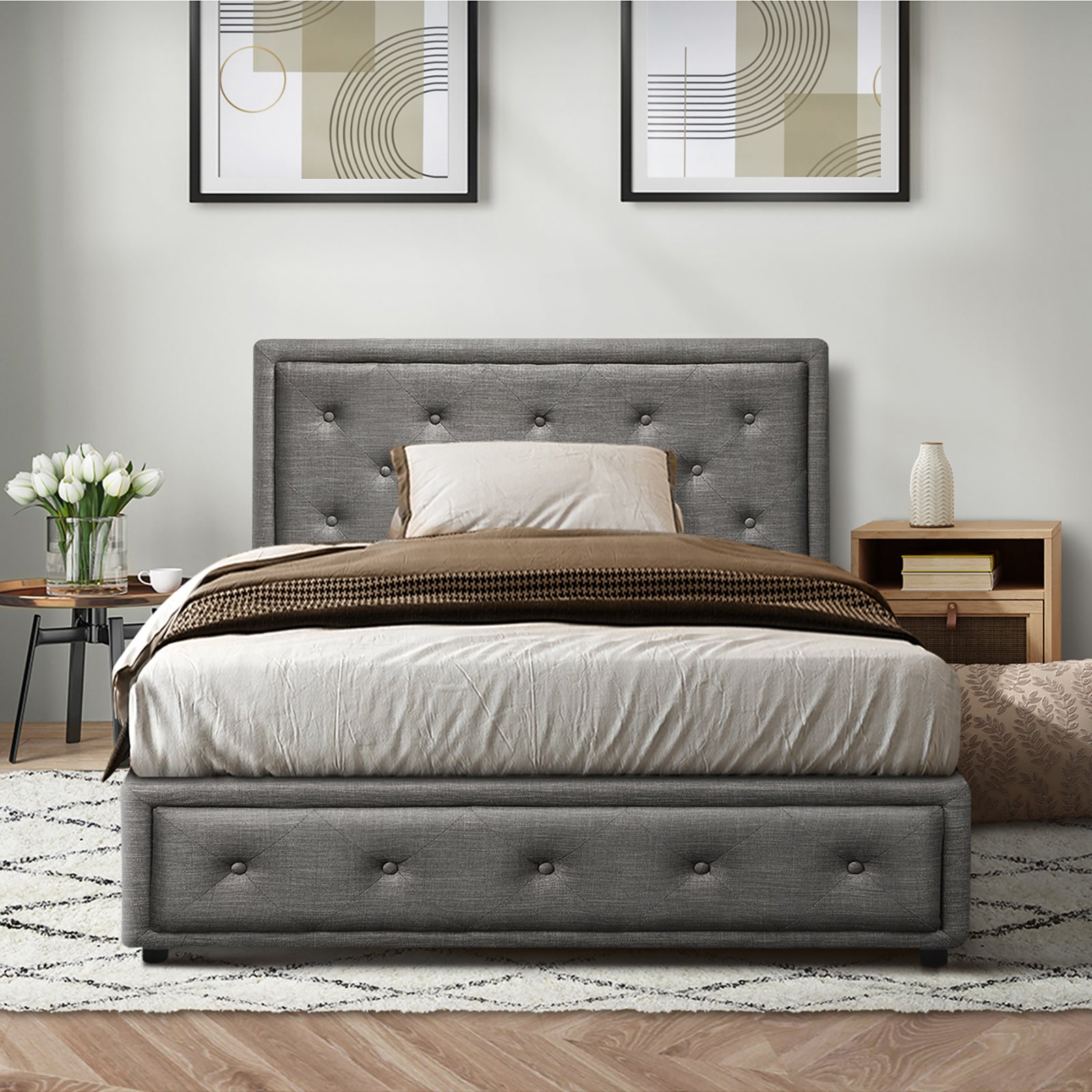 Oikiture Bed Frame King Single Size Gas Lift Base With Storage Grey Fabric