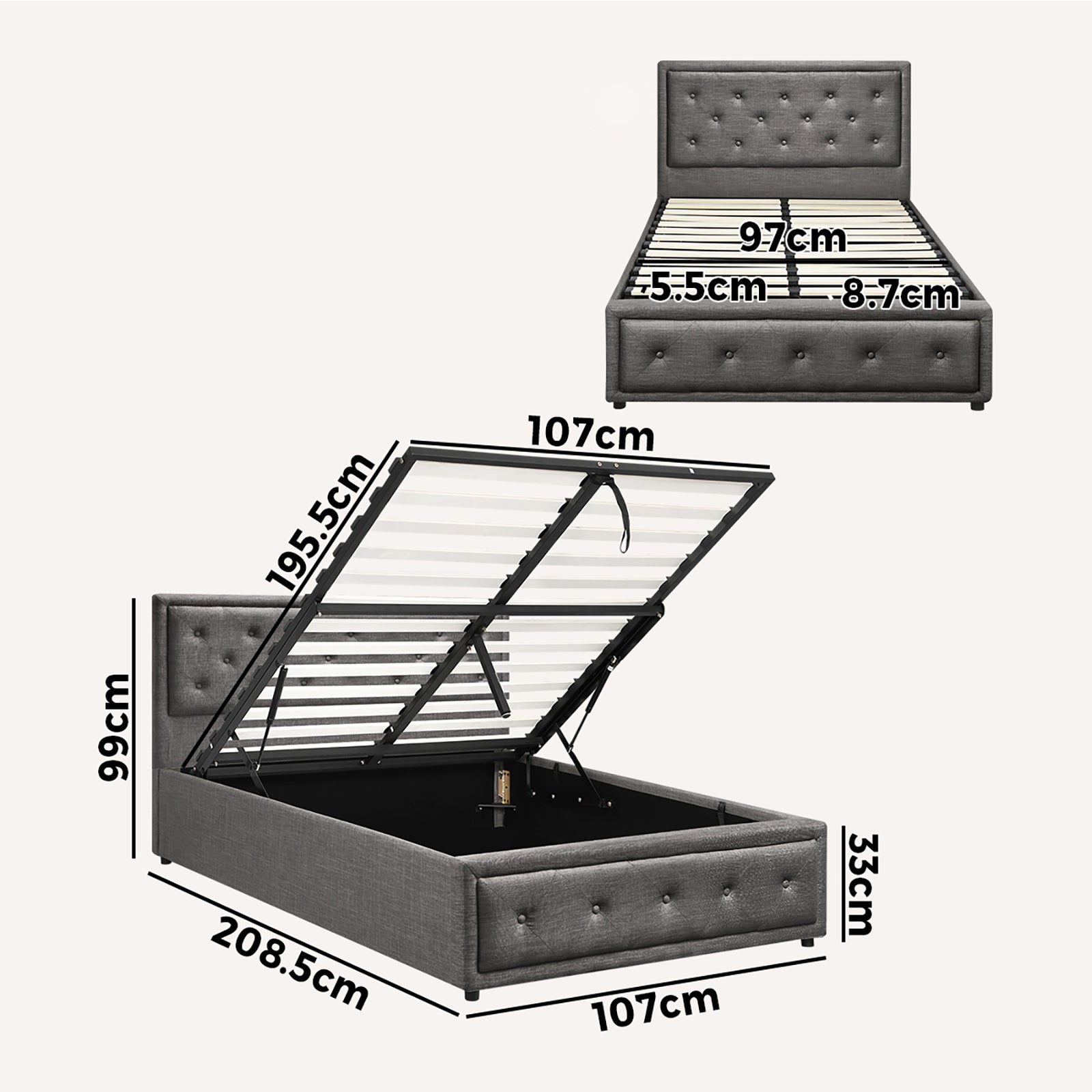 Oikiture Bed Frame King Single Size Gas Lift Base With Storage Grey Fabric