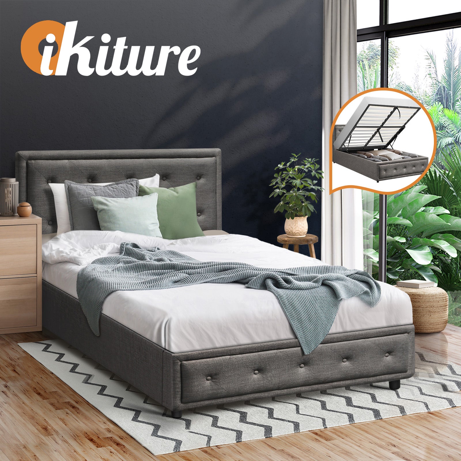 Oikiture Bed Frame King Single Size Gas Lift Base With Storage Grey Fabric