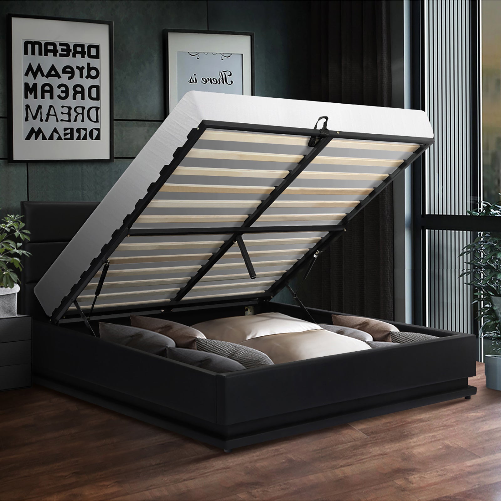 Oikiture RGB LED Bed Frame Double Size Gas Lift Base With Storage Black Leather