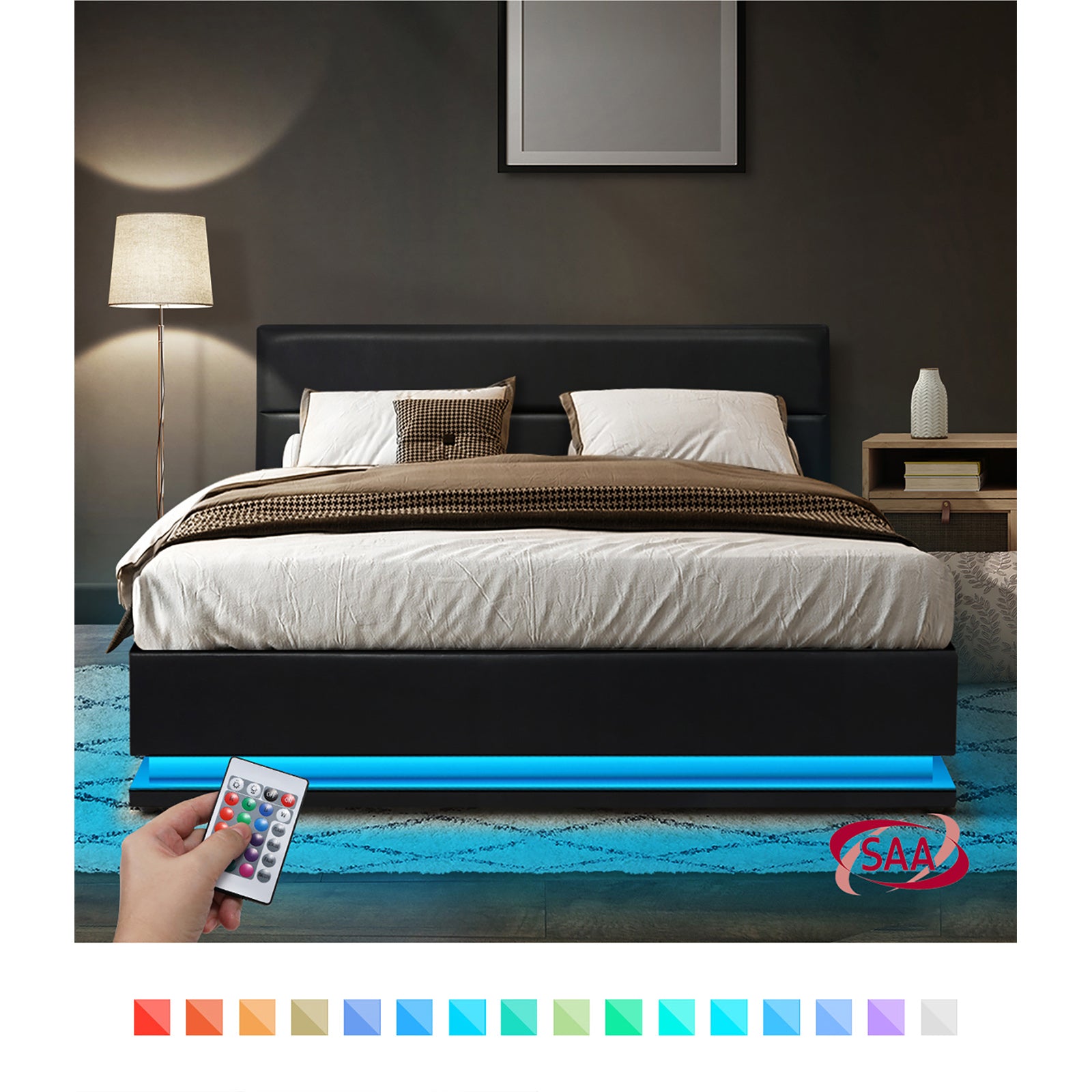 Oikiture RGB LED Bed Frame Double Size Gas Lift Base With Storage Black Leather