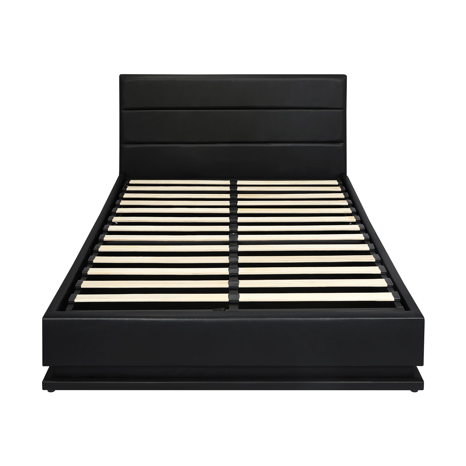 Oikiture RGB LED Bed Frame Double Size Gas Lift Base With Storage Black Leather