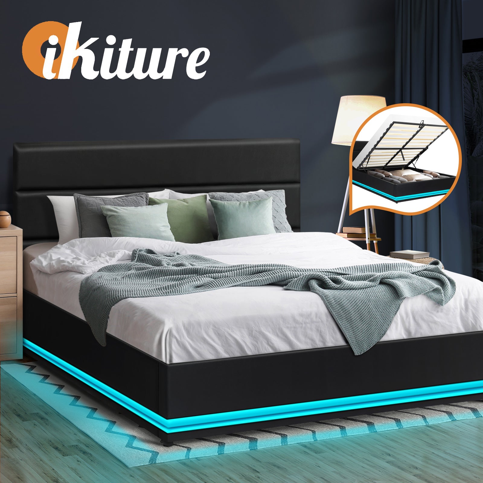 Oikiture RGB LED Bed Frame Double Size Gas Lift Base With Storage Black Leather