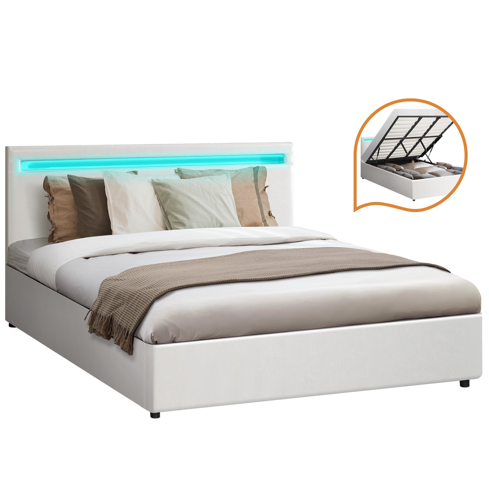 Oikiture Bed Frame Queen Double King Single RGB LED Gas Lift Base Storage White