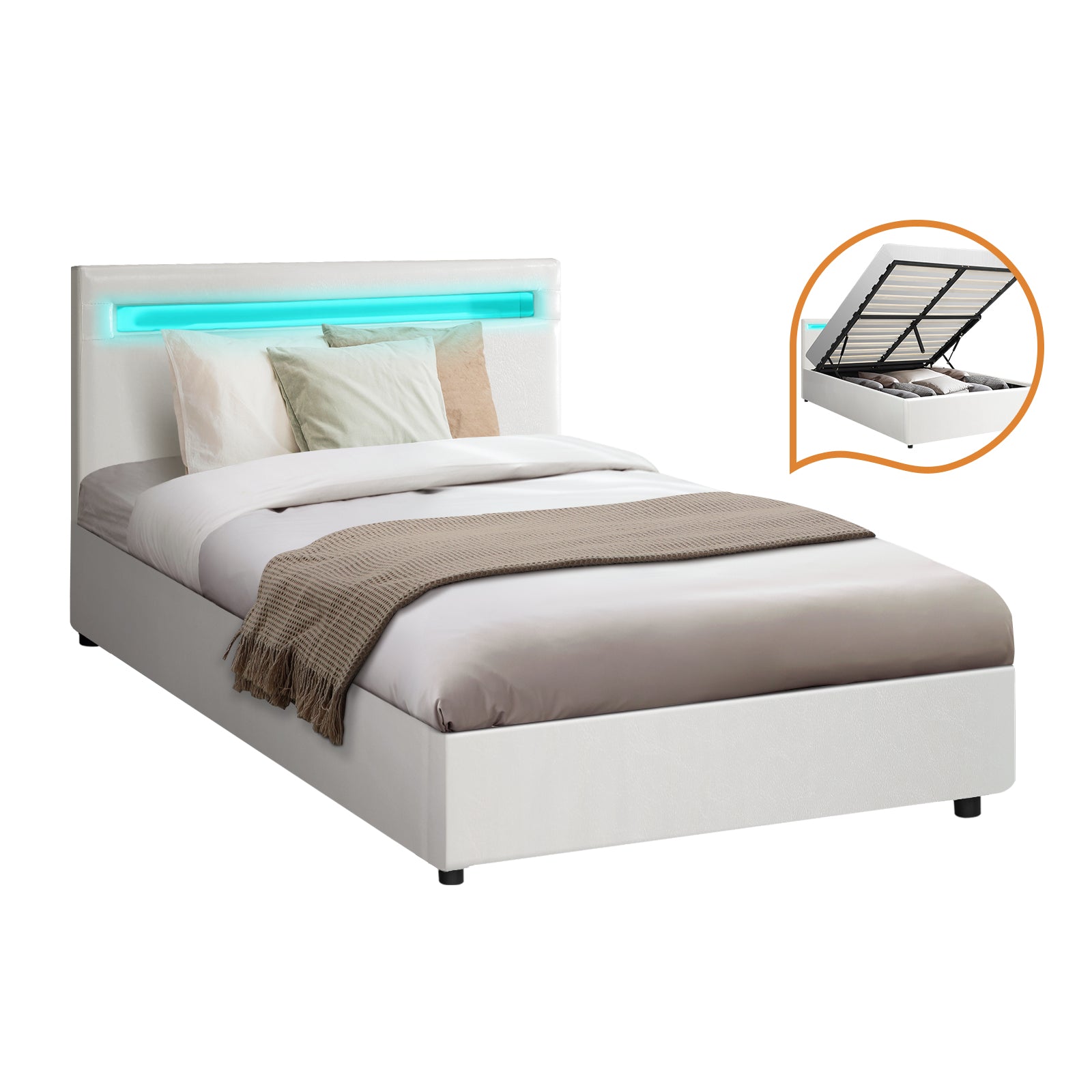 Oikiture Bed Frame Queen Double King Single RGB LED Gas Lift Base Storage White