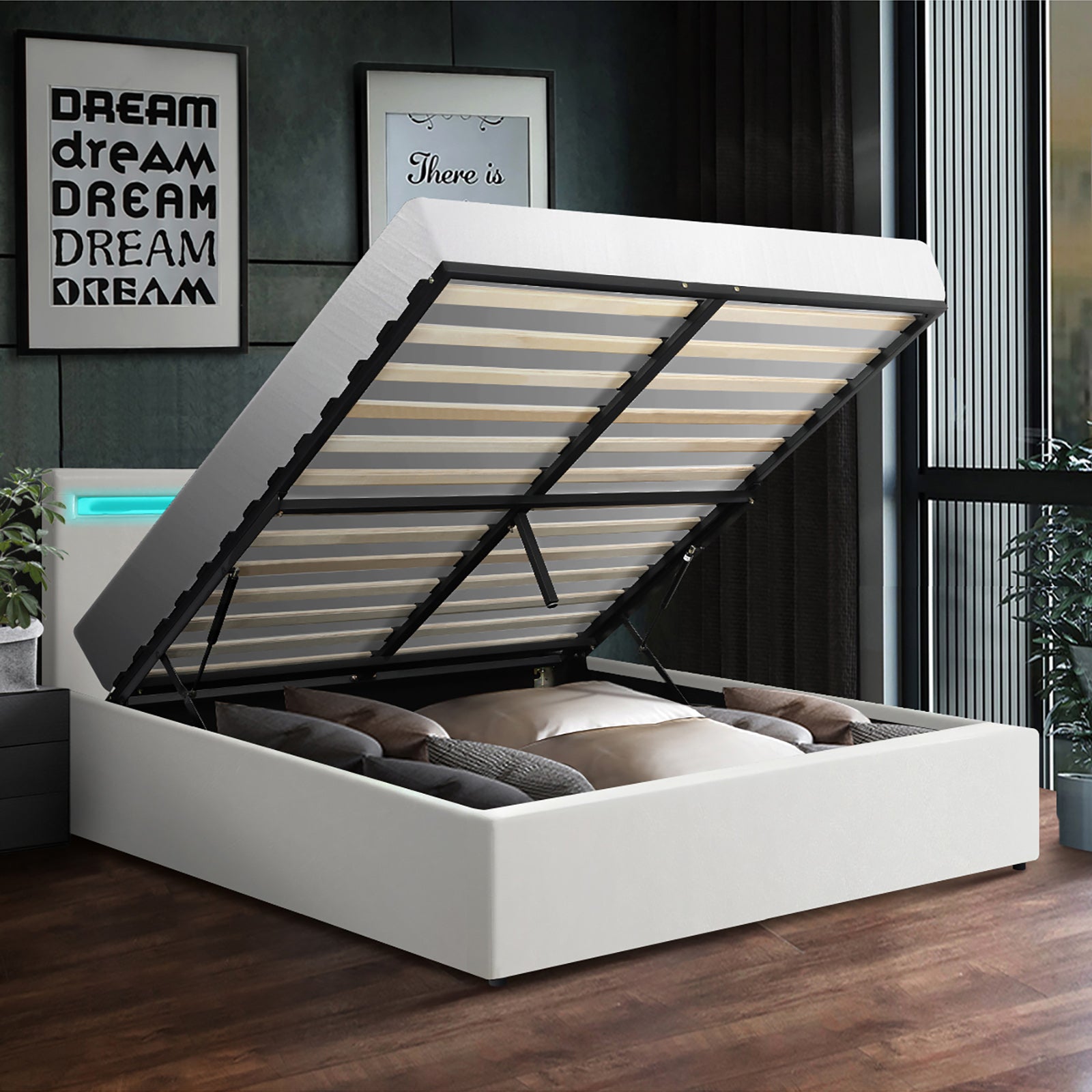 Oikiture Bed Frame Queen Double King Single RGB LED Gas Lift Base Storage White