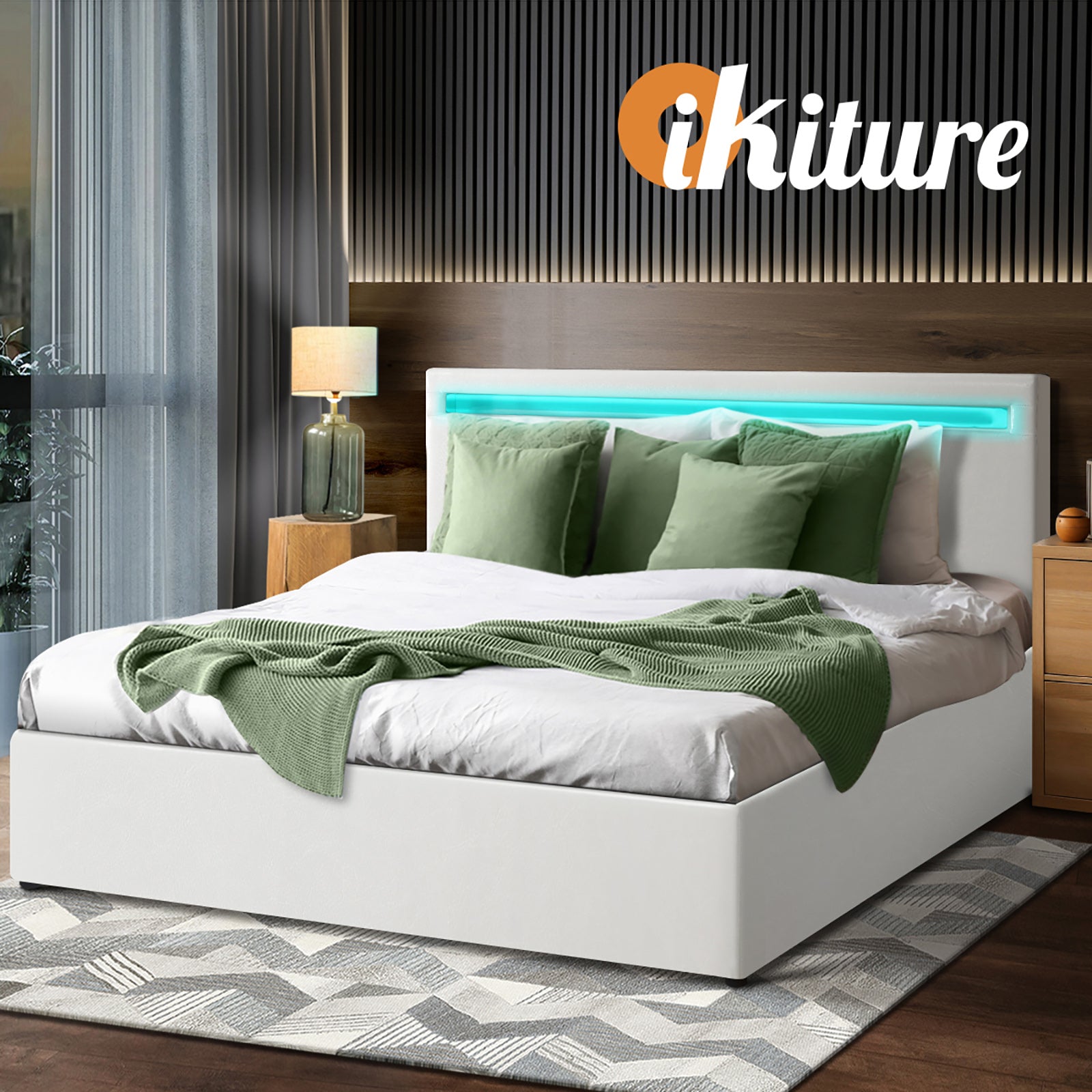 Oikiture Bed Frame Queen Double King Single RGB LED Gas Lift Base Storage White