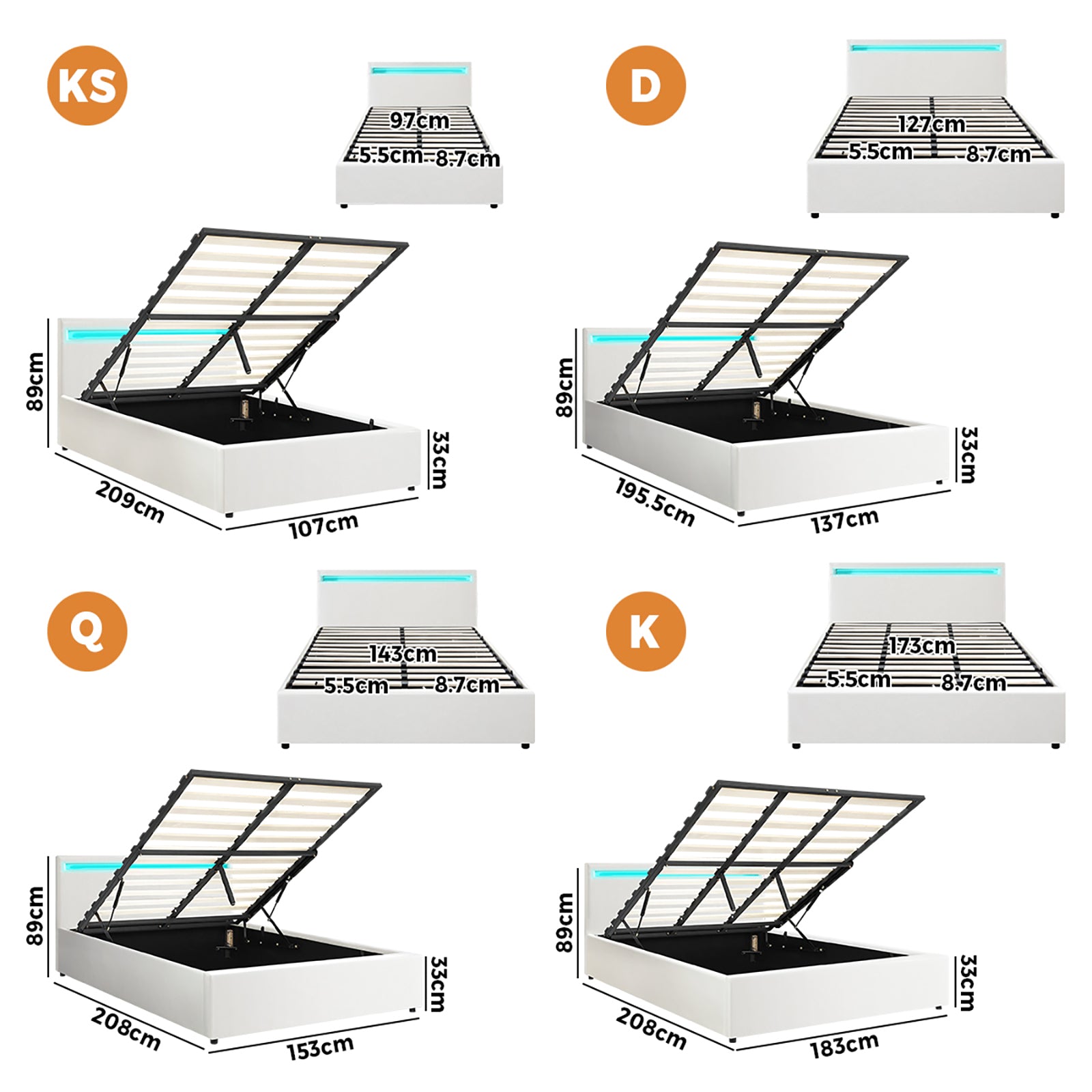 Oikiture Bed Frame Queen Double King Single RGB LED Gas Lift Base Storage White