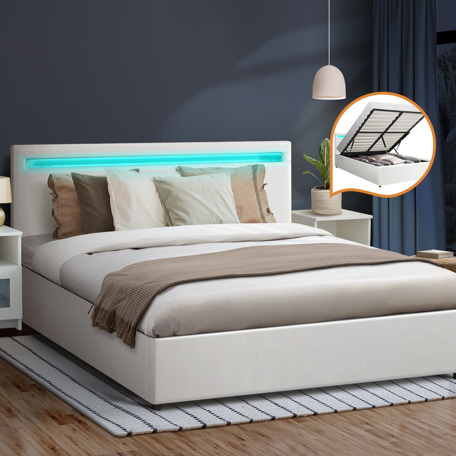 Oikiture Bed Frame Queen Double King Single RGB LED Gas Lift Base Storage White