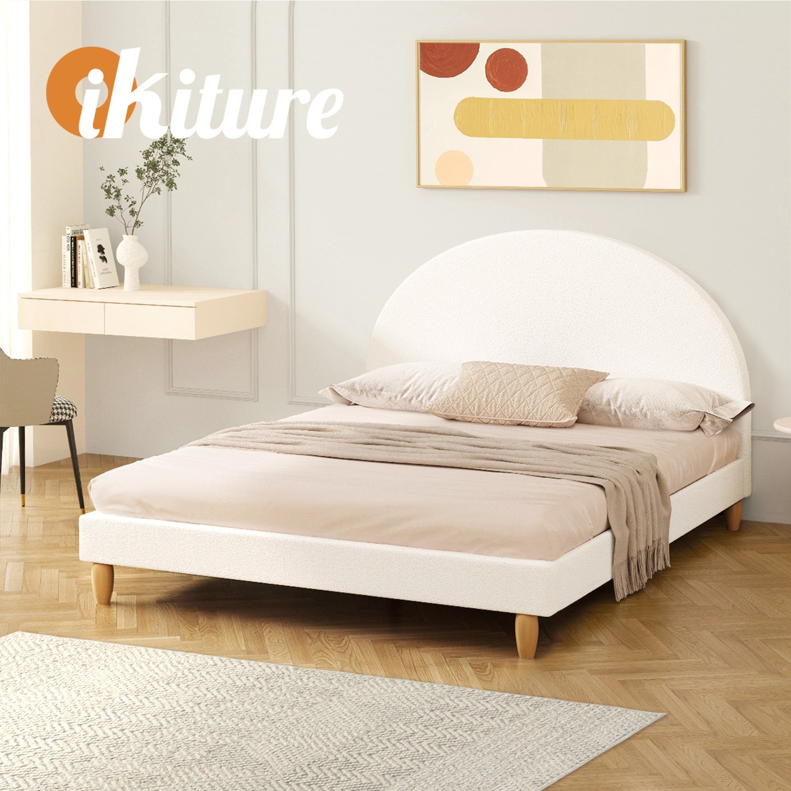 Oikiture Bed Frame Double Size Boucle Fabric Arched Beds Platform