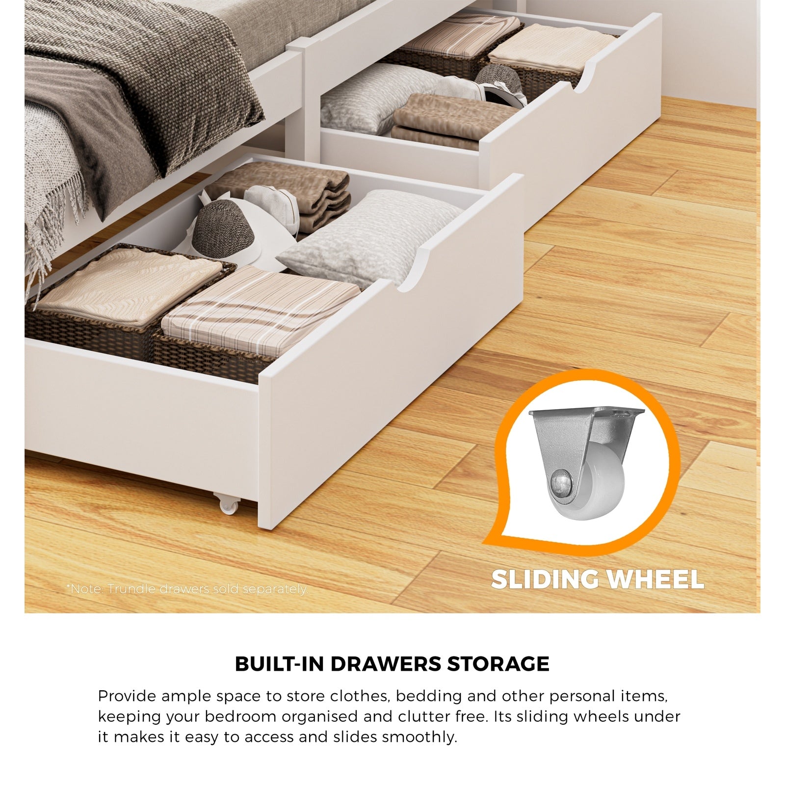 Oikiture Wooden Bed Frame King Size Base with Trundle Storage Drawers White