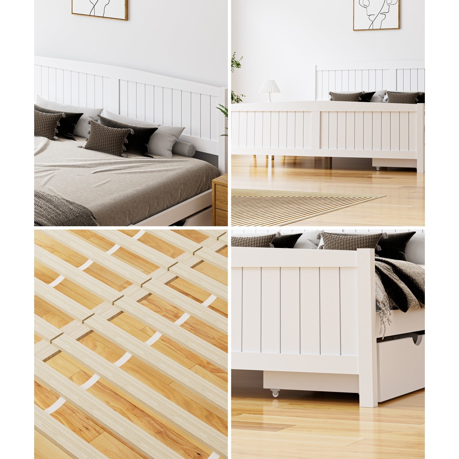 Oikiture Wooden Bed Frame King Size Base with Trundle Storage Drawers White