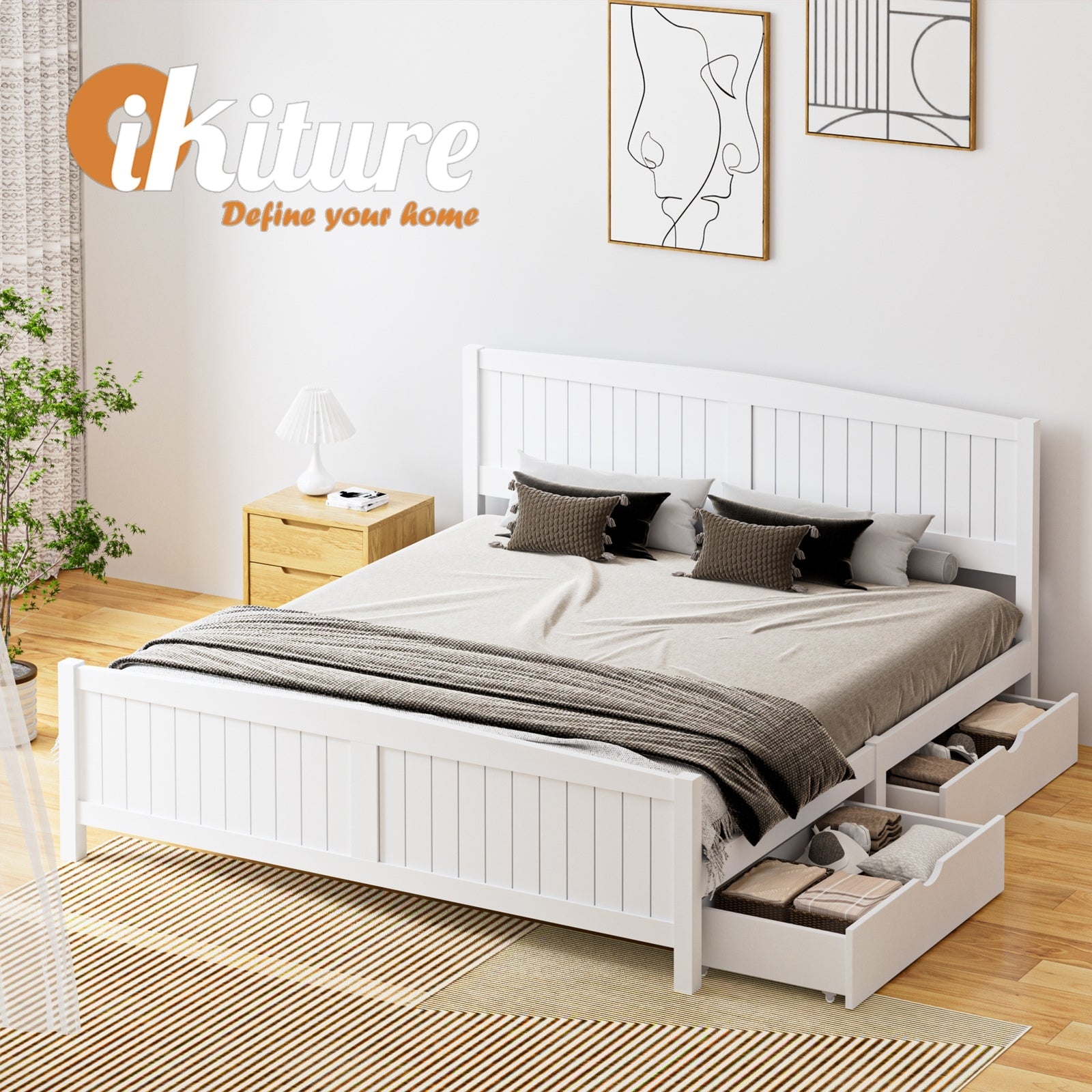 Oikiture Wooden Bed Frame King Size Base with Trundle Storage Drawers White